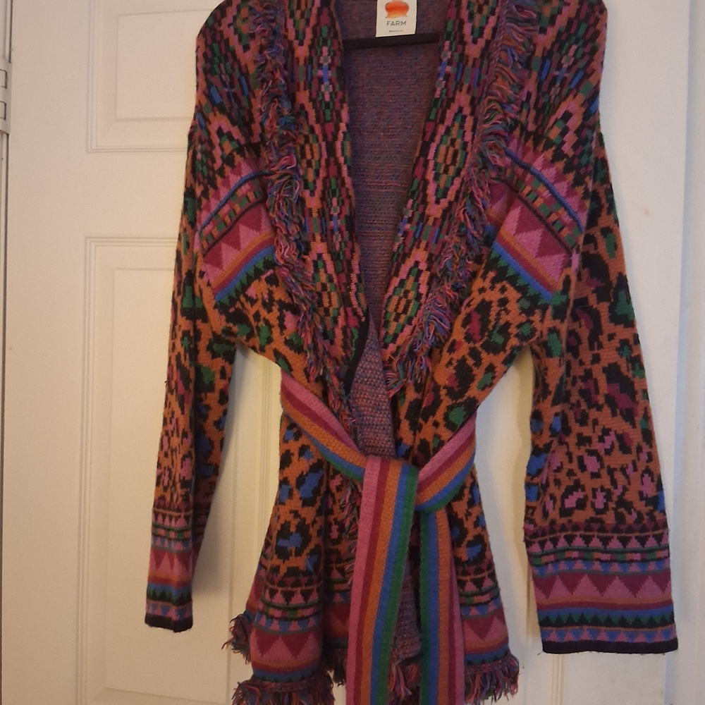 FARM Rio Pink Multicolor Fringe Belted Cardigan (Size L)